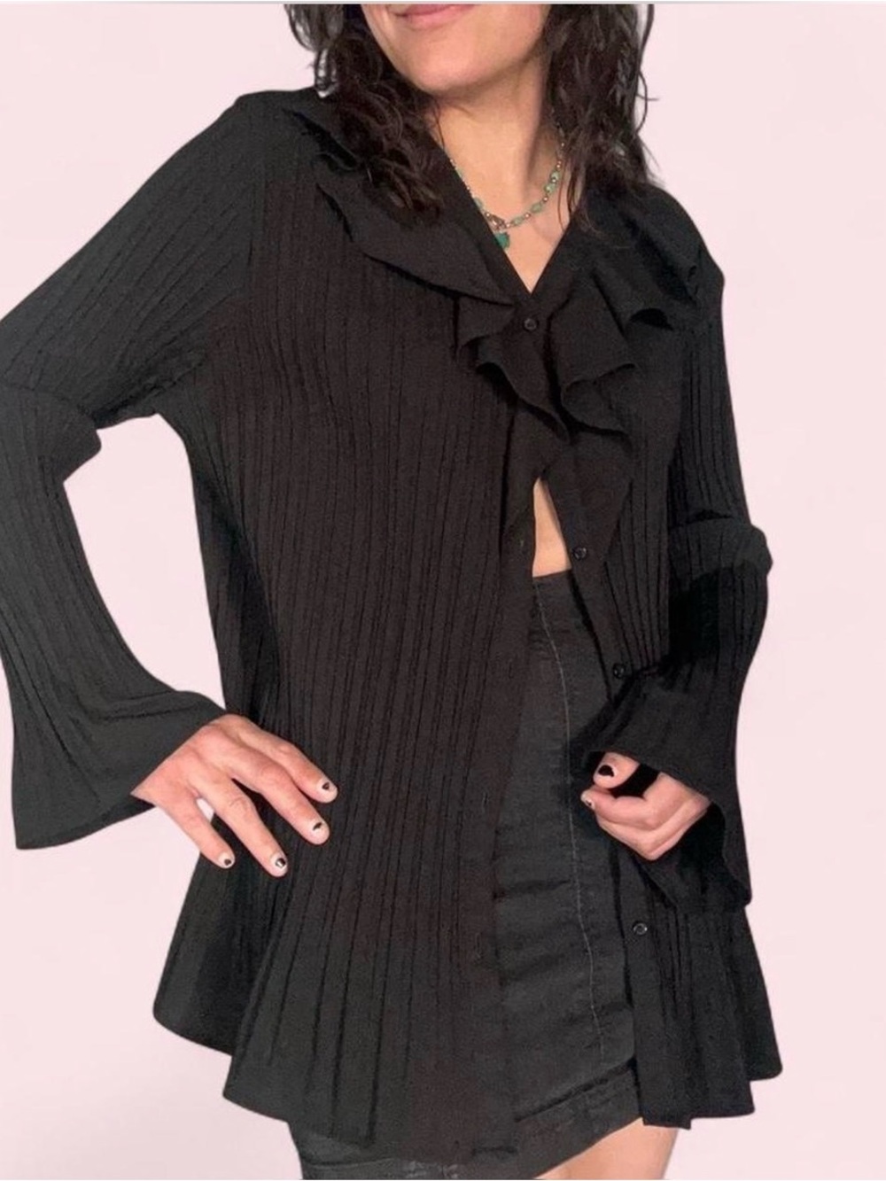 Black Ruffle-Collar Button-Front Blouse - Picture 3 of 8